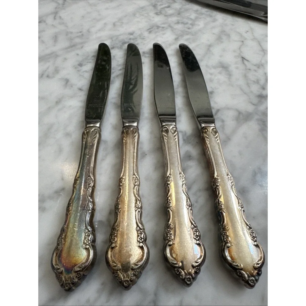 Vtg Reed & Barton DRESDEN ROSE Set Of 4 Silverplate/Mirrorsteel Dinner Knives